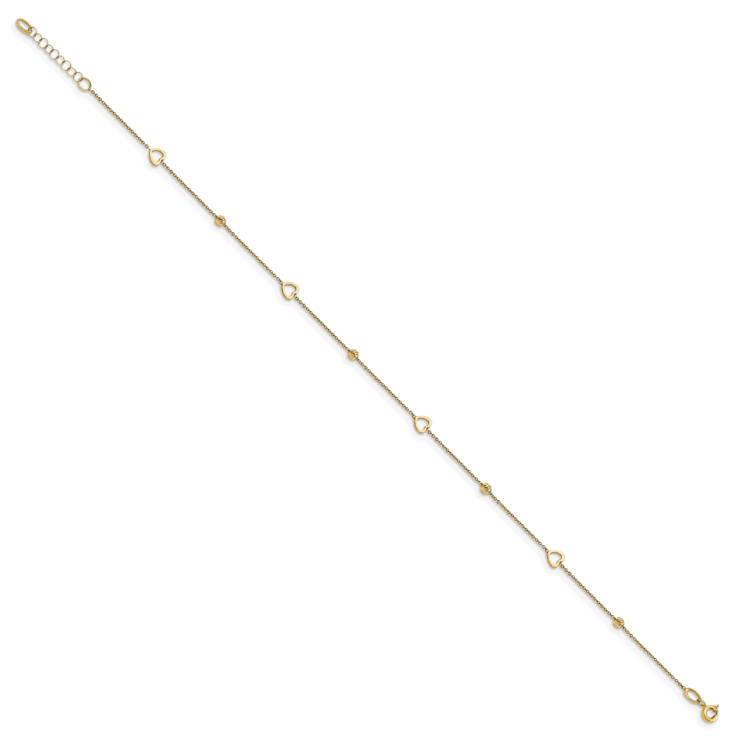 14K Yellow Gold Polished and Diamond-cut Heart with 1-inch Extension Anklet
