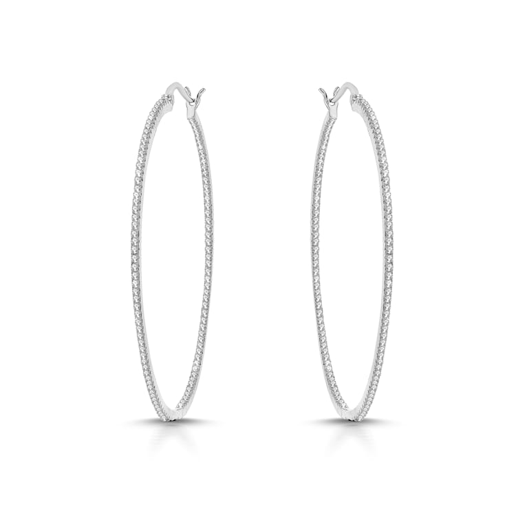 Clear Cubic Zirconia, Rhodium Plated Slim Large Hoop Earrings