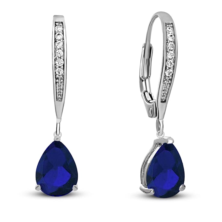 Sapphire Color CZ Teardrop Drop Earrings In Sterling Silver