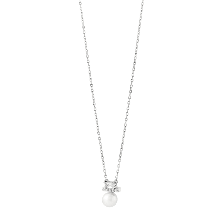 7-7.5mm Button White Freshwater Pearl and White Sapphire Sterling Silver Necklace