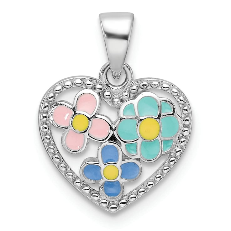 Rhodium Over Sterling Silver Enameled Floral Heart Children's Pendant