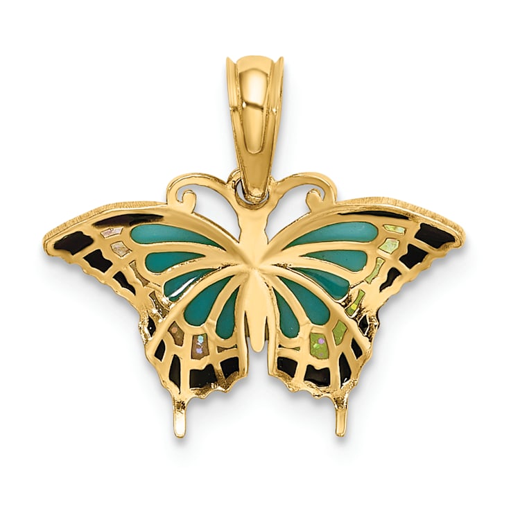 14k Yellow Gold Small Aqua Enamel Wings Butterfly Pendant