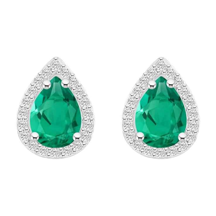 7x5mm Pear Shape Created Emerald And Created White Sapphire 10k White
Gold Halo Stud Earrings