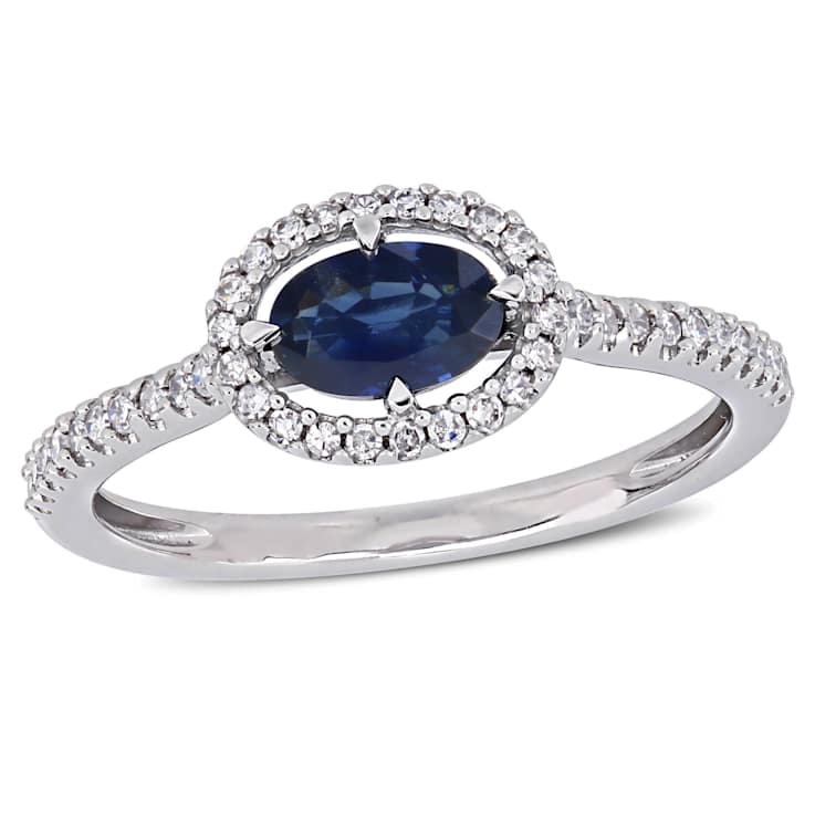 Blue Sapphire and Diamond 14K White Gold Halo Ring 0.78ctw