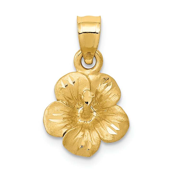 14k Yellow Gold Satin and Diamond-Cut Hibiscus Flower Pendant