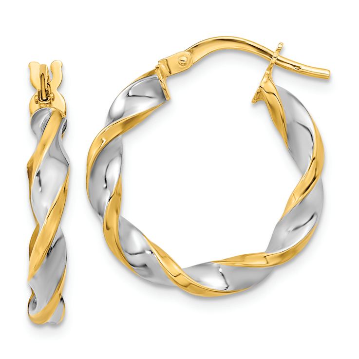 14k Two-tone 7/8" Polished and Twist Hoop Earrings
