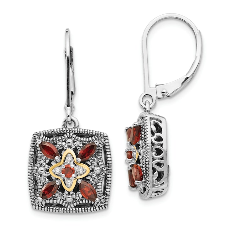 Sterling Silver Antiqued with 14K Accent Diamond and Garnet Earrings