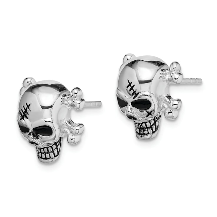 Rhodium Over Sterling Silver Antiqued Enameled Skull Post Earrings