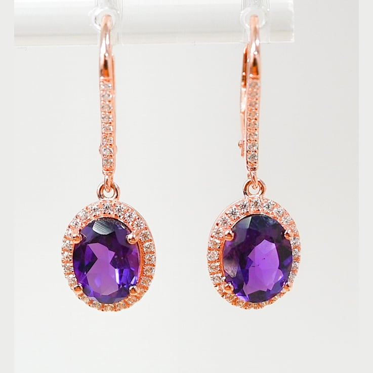 Amethyst and CZ 2.98 Ctw Oval 18K Rose Gold Over Sterling Silver Drop
Earrings Jewelry.