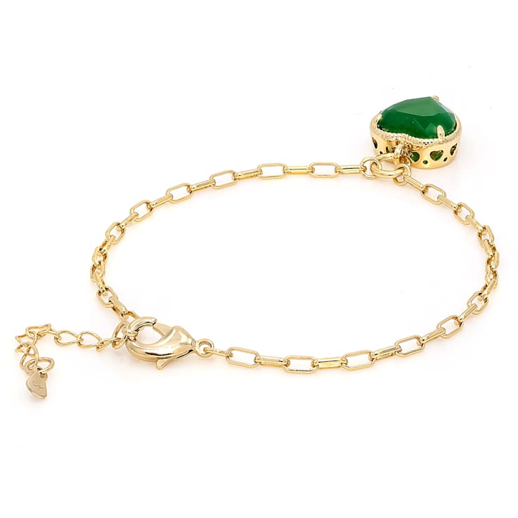 Green Onyx Heart Charm Paperclip Bracelet In 18K Gold Over Brass 5.10ctw