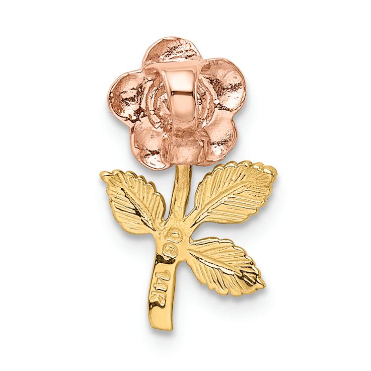 14k Two-tone Gold  Textured Mini Pink Rose Flower Chain Slide Pendant