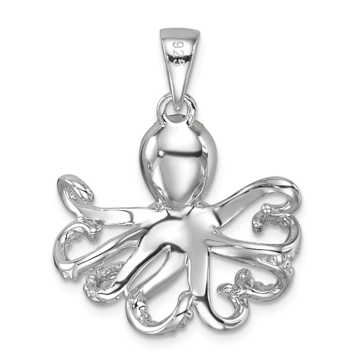 Rhodium Over Sterling Silver Polished Blue Crystal Octopus Pendant