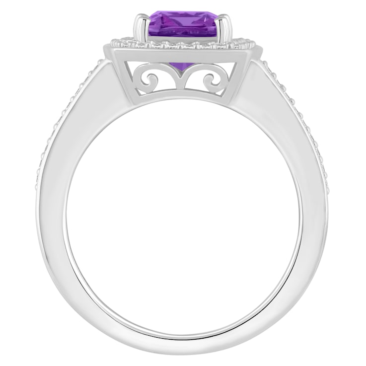 7mm Cushion Amethyst 1/4 ctw Diamond Rhodium Over Sterling Silver Halo Ring