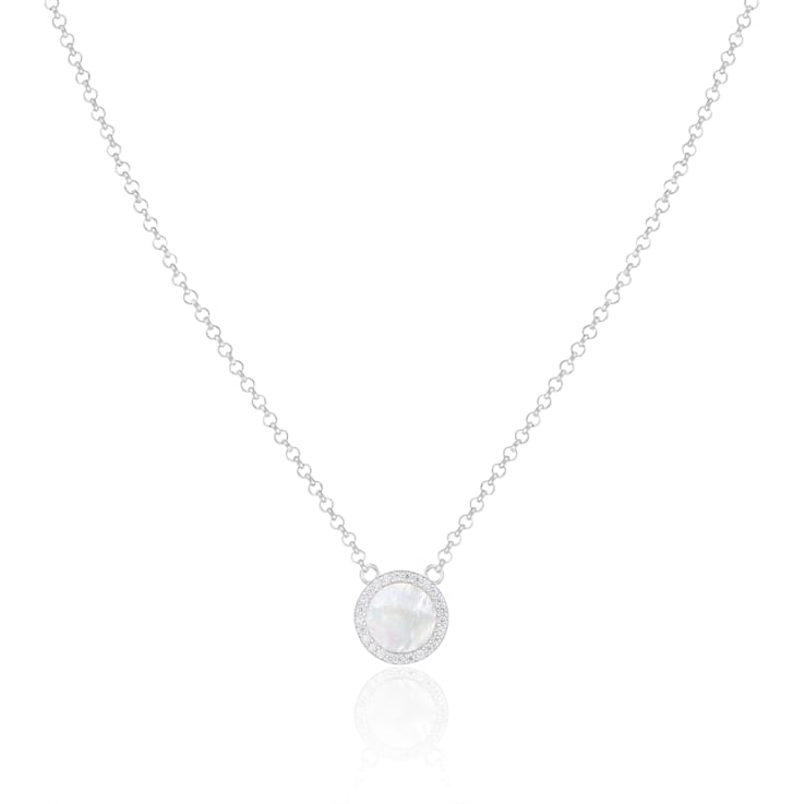 Mother of Pearl and Cubic Zirconia Rhodium Over Sterling Silver Necklace