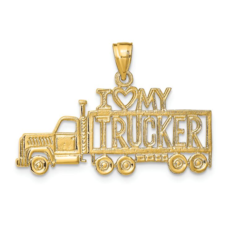 14k Yellow Gold Textured I Love (Heart) My Trucker on Truck Pendant