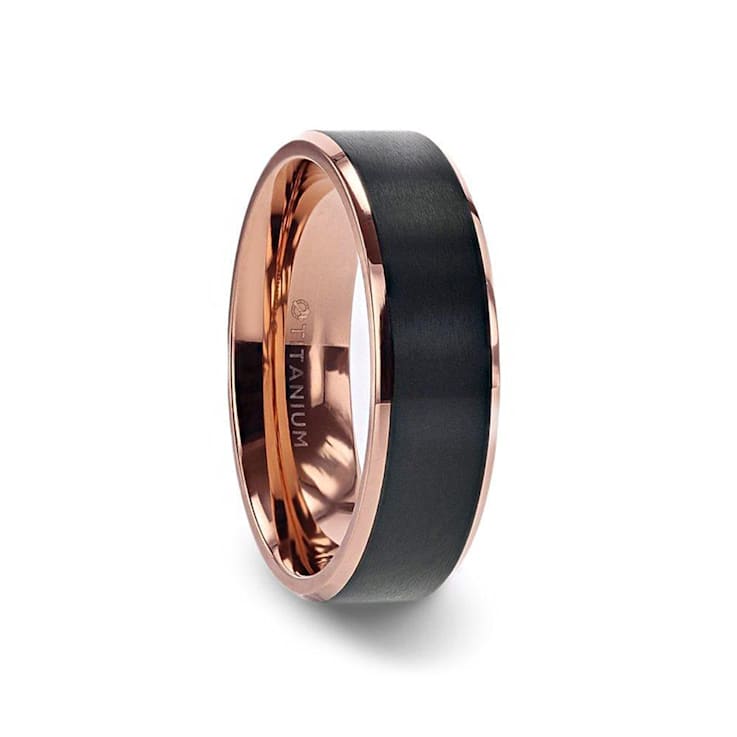 STEPHEN Rose Gold Plated Black Titanium Flat Brushed Wedding Ring With
Beveled Polished Edges 6mm