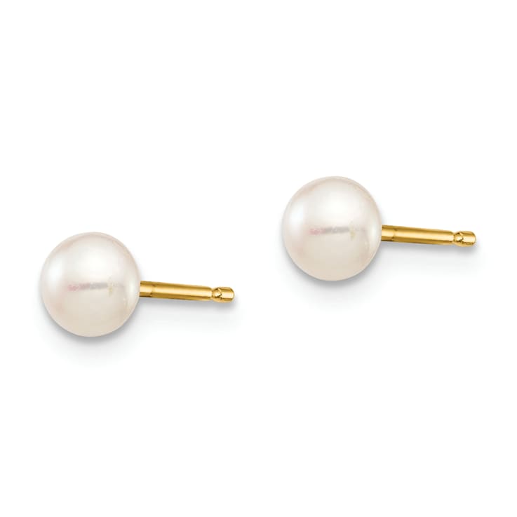 14K Yellow Gold 4-5mm White Button Freshwater Cultured Pearl Stud Post Earrings