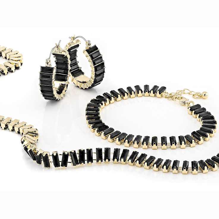 Black Crystal Tennis Necklace, Bracelet And Earring Set In Gold Tone