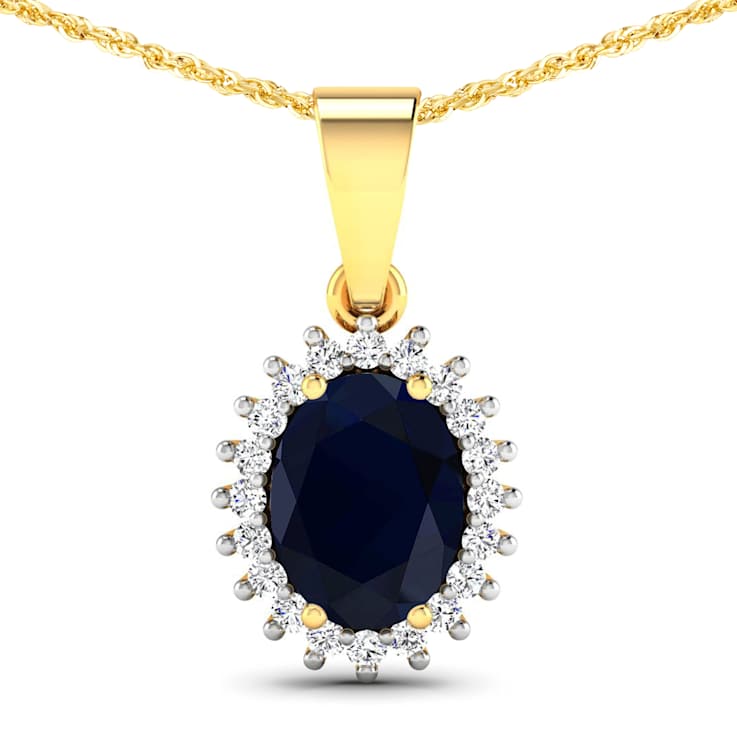 1.30ctw 14K Yellow Gold Blue Sapphire and White Diamond Pendant with 18
inch Cable Chain