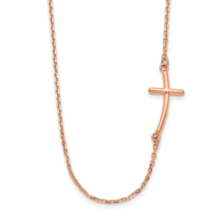 14K Rose Gold Small Sideways Curved Cross Necklace