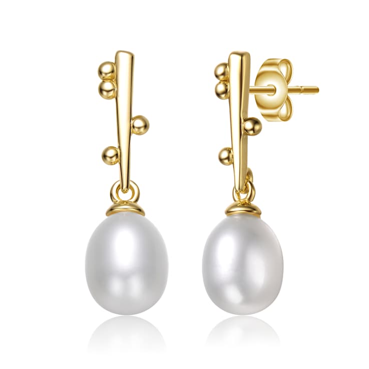 Linear Pearl And CZ Drop Earrings In 14K Gold Over Sterling Silver
