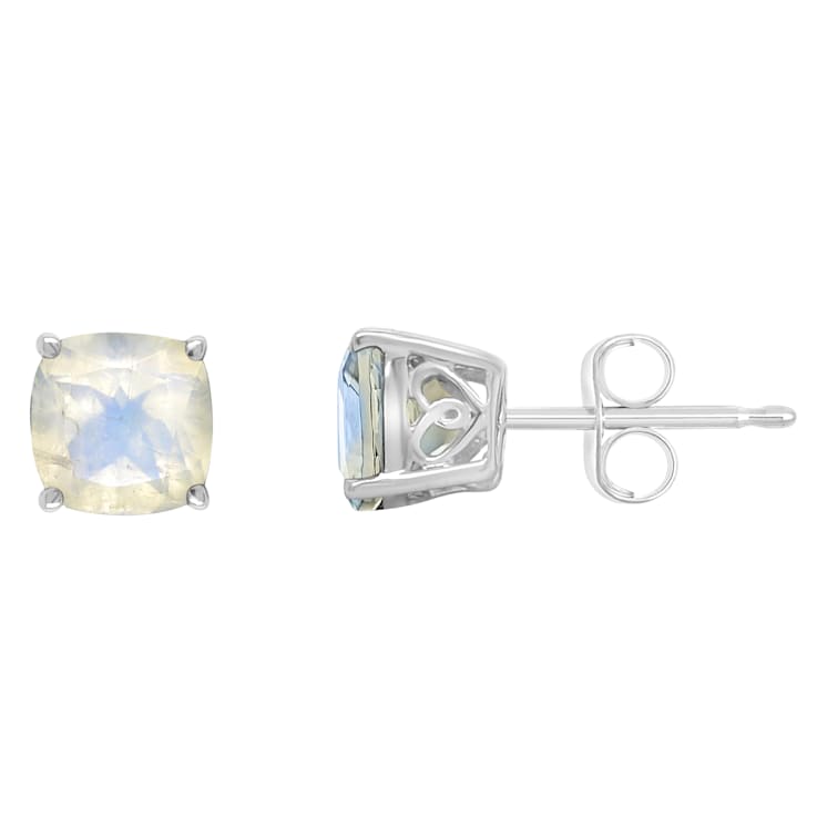 6mm Square Cushion Moonstone Rhodium Over Sterling Silver Stud Earrings