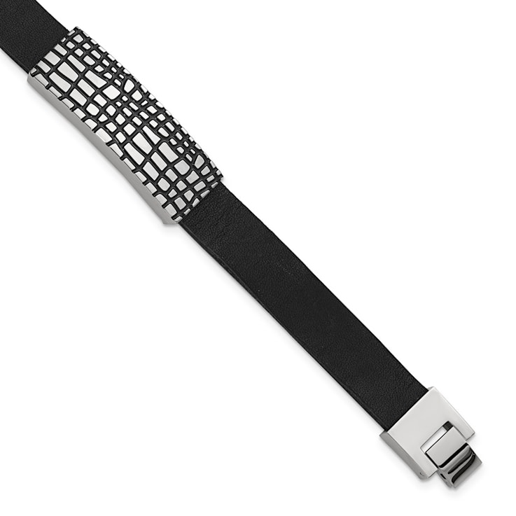 Black Leather and Stainless Steel Textured Enamel ID 7.5-inch with
.5-inch Extension Bracelet