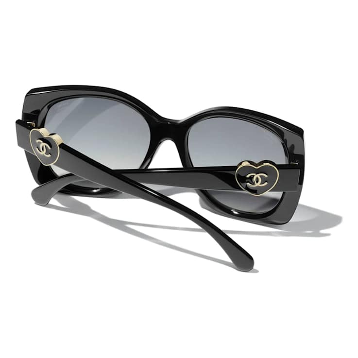 Chanel Black Square Frame with Black Heart / Gray Lenses Sunglasses