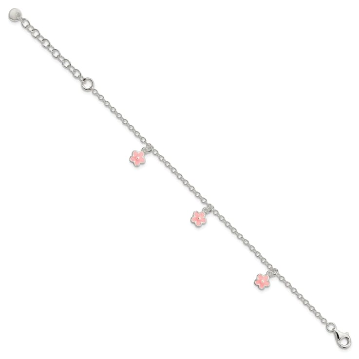 Sterling Silver Pink Enamel Flowers with 1.5-inch Extension Children's Bracelet