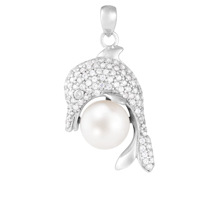 10-11mm Button White Cultured Freshwater Pearl and CZ Rhodium Over
Sterling Silver Pendant