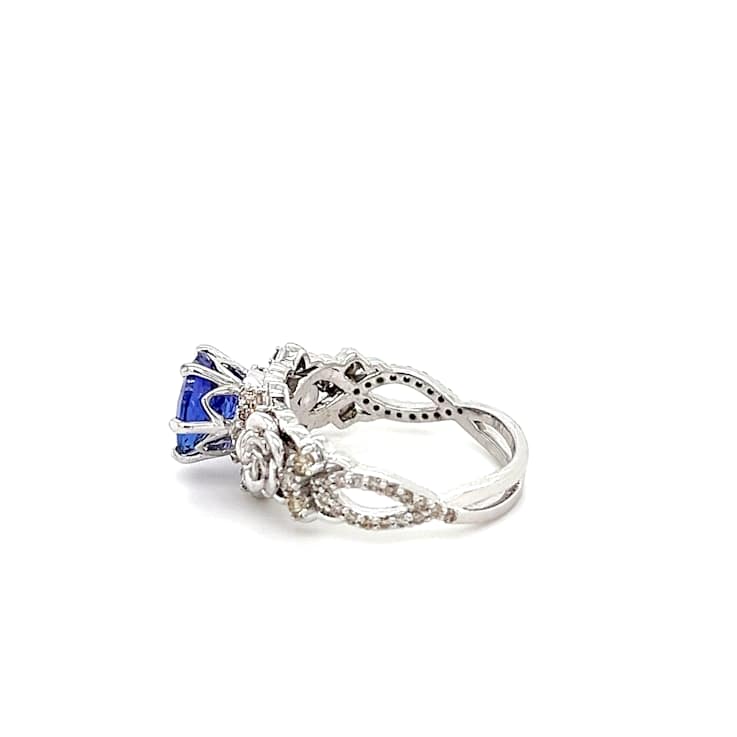 Round Tanzanite and White Diamond 10K White Gold Flower Ring