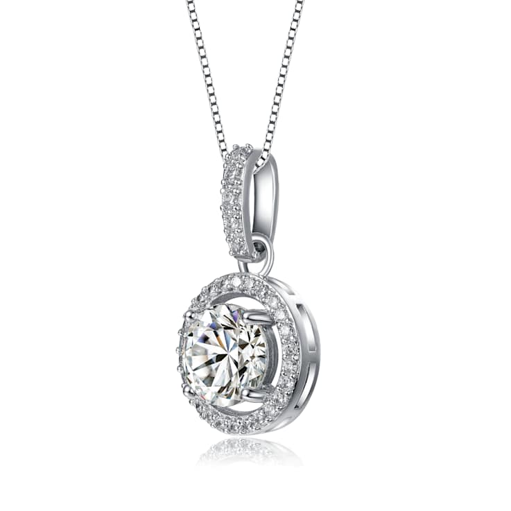 CZ Halo Pendant Necklace In White Rhodium Over Brass