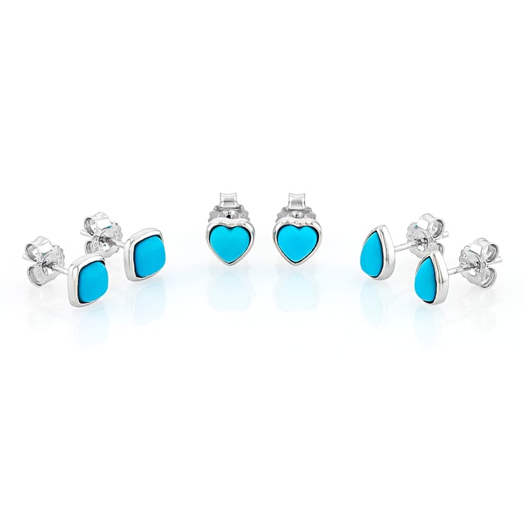 Turquoise Rhodium Over Sterling Silver Earring Set Of 3