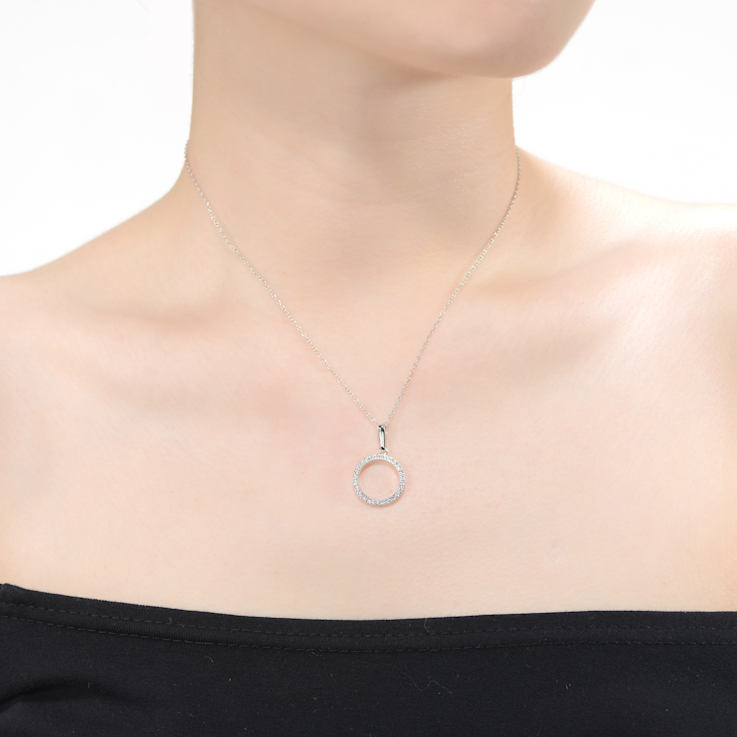 CZ Circle Pendant Necklace In Rhodium Over Brass