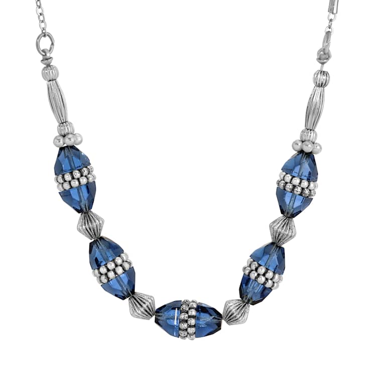 White Base Metal Blue Bead Necklace 16 inch