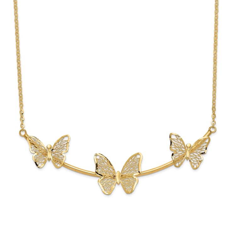 14K Yellow Gold Polished Filigree 3-Butterfly Bar Necklace
