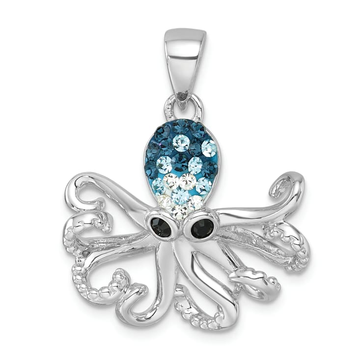 Rhodium Over Sterling Silver Polished Blue Crystal Octopus Pendant