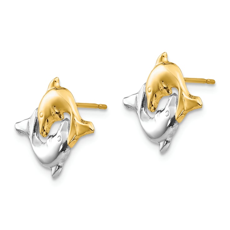 14K Two-tone Gold with Rhodium Dolphin Post Earrings