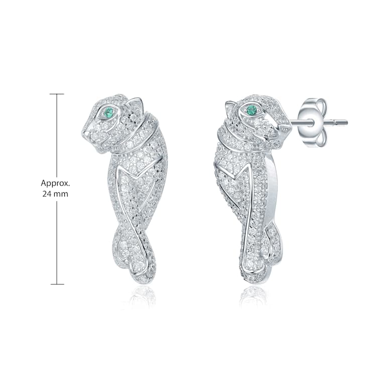 Emerald Color CZ Panther Drop Earrings In White Rhodium Over Brass