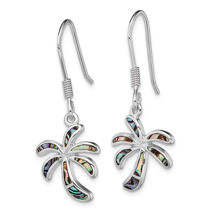 Rhodium Over Sterling Silver Abalone Palm Tree Earrings