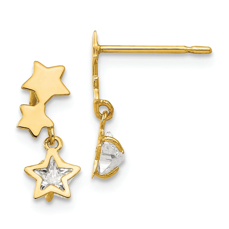 14K Yellow Gold Children's Star Dangle Earrings with Cubic Zirconia