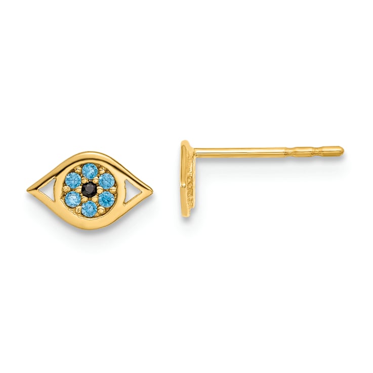 14K Yellow Gold Blue Cubic Zirconia Eye Post Earrings