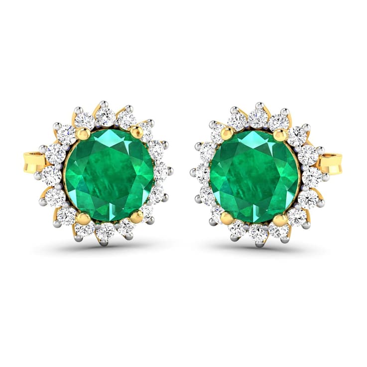 1.36ctw 14K Yellow Gold  Zambian Green Emerald and White Diamond Halo Earrings