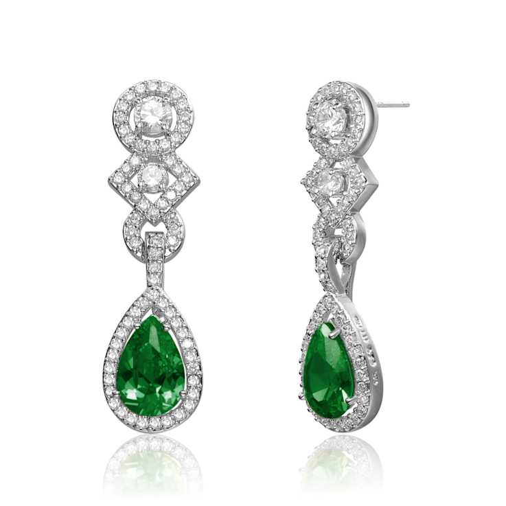 Emerald Color CZ Halo Drop Earrings In Sterling Silver