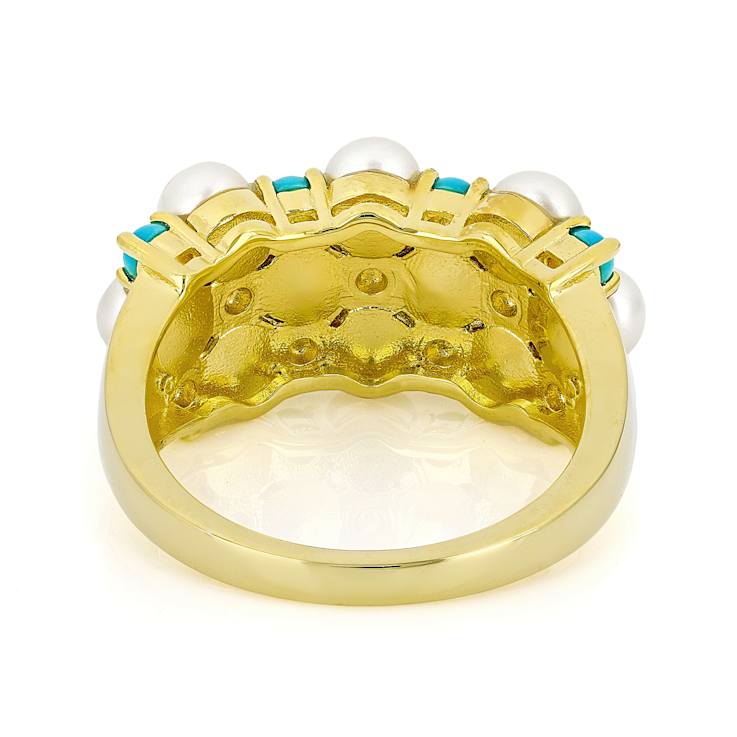 Turquoise And Cultured Seed Pearl Band Ring In 18K Gold Over Sterling Silver