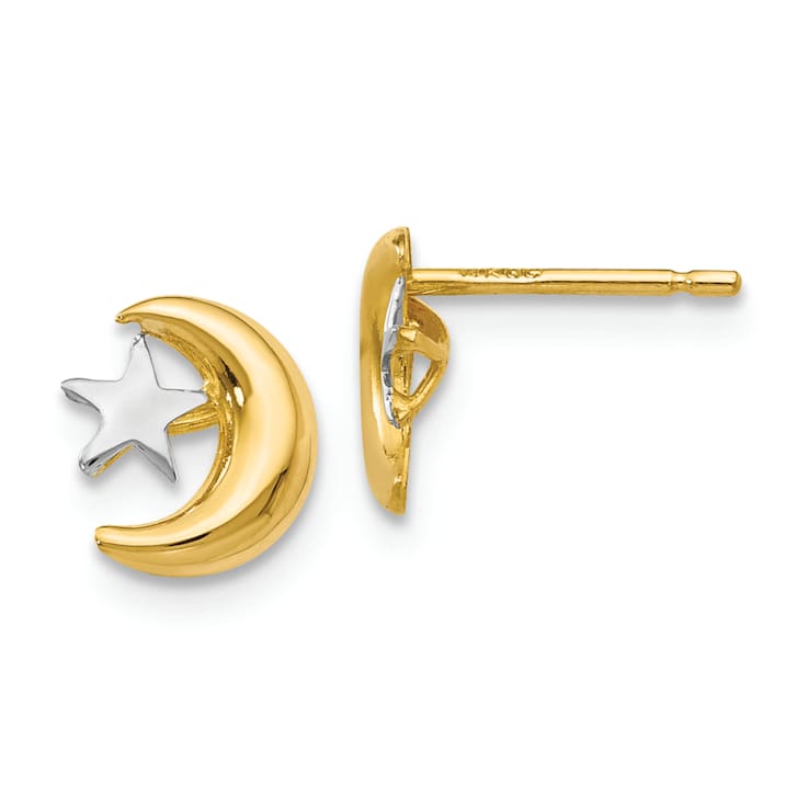 14k Yellow Gold and Rhodium Over 14k Yellow Gold Polished Moon and Star
Stud Earrings