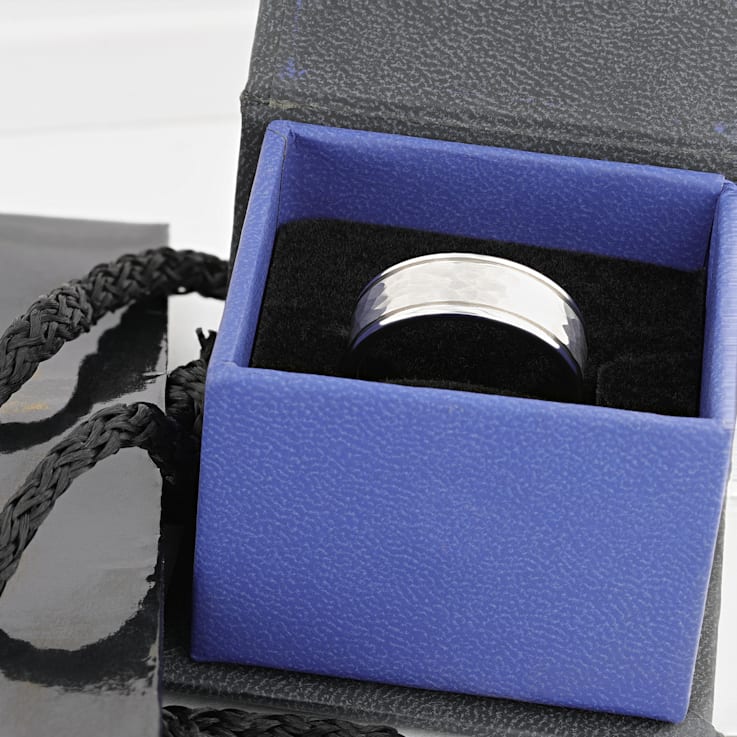 THORNTON Hammered Finish White Tungsten Carbide Wedding Band with Offset
Grooves/Polished Edges 8mm