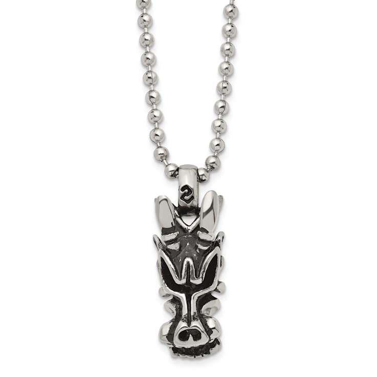 Stainless Steel Antiqued and Polished Dragon Head 22-inch Necklace