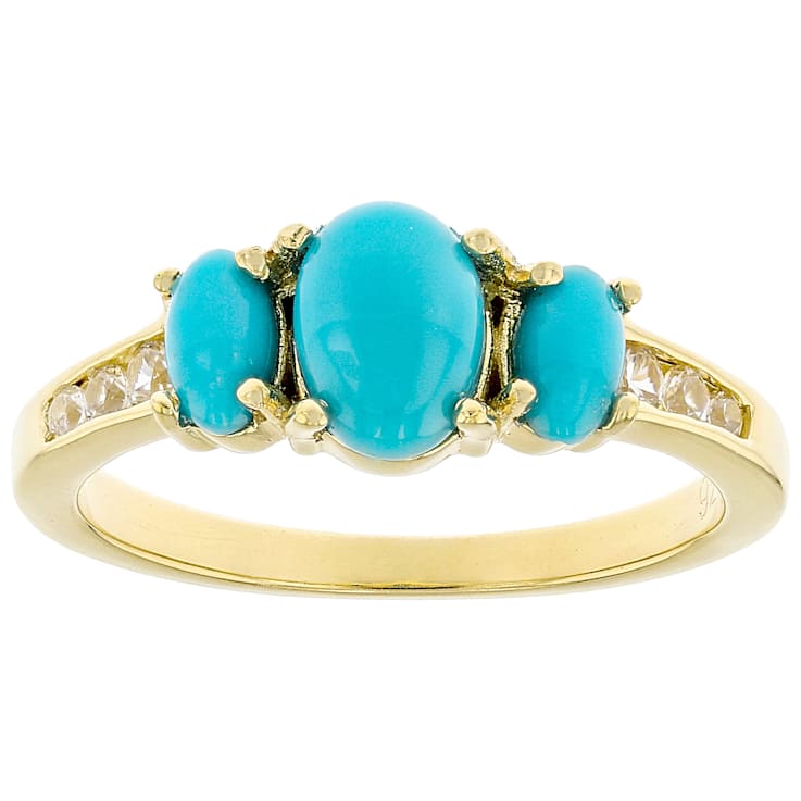 Turquoise And White Zircon Three-Stone Ring In 18K Gold Over Sterling
Silver 0.43ctw