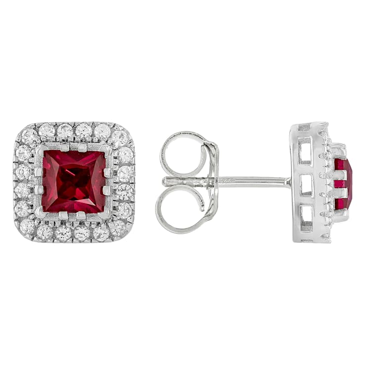 Lab Ruby And White Sapphire Square Stud Earrings In PlatInum Over
Sterling Silver